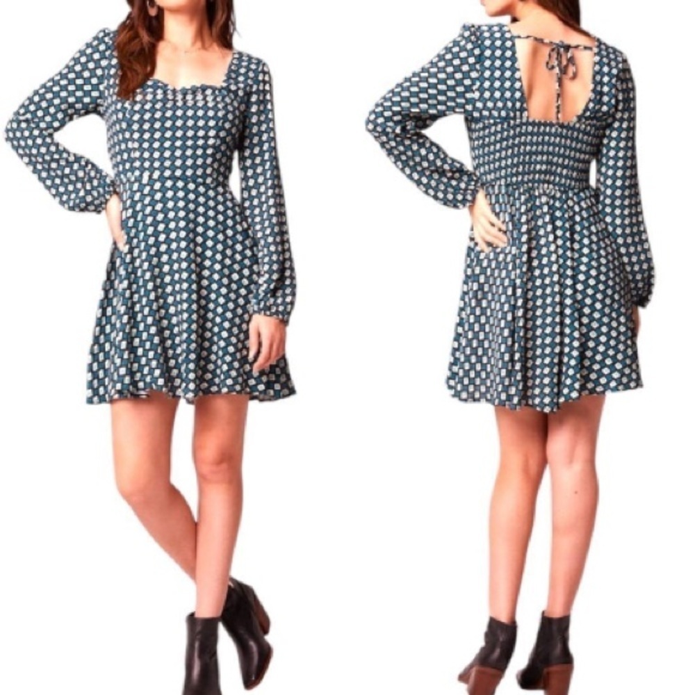 Band of The Free Genevieve Diamond Long Sleeve Mini Dress Size Medium Teal - Picture 2 of 7